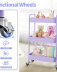 TOOLF 3-Tier Metal Rolling Cart with Wheels, Storage Utility Organizer Cart for Kitchen, Bathroom, Office, Baby Essentials & Makeup - Lockable Casters, Easy Assembly, Large Capacity, Purple