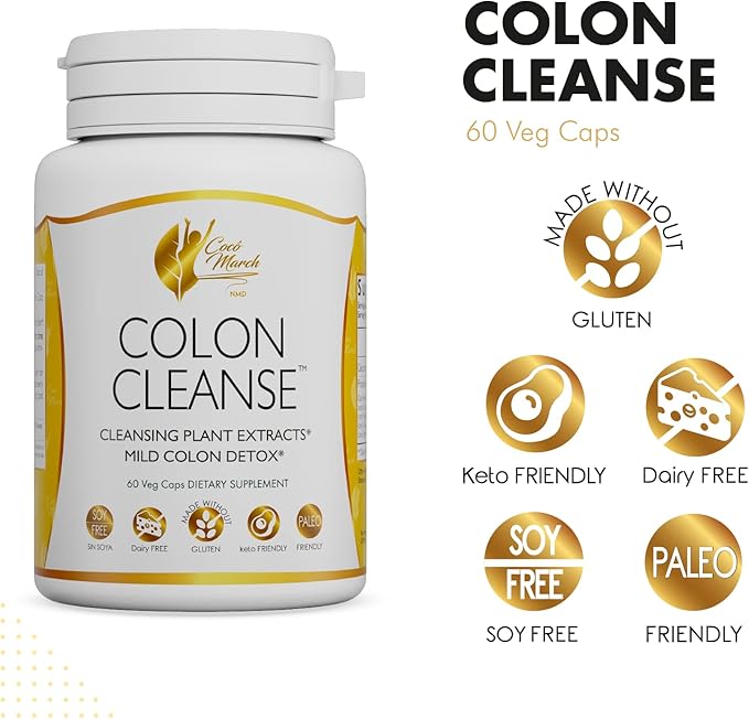 Coco March Colon Cleanse - Dietary Supplement, Cleansing Plant Extracts, Mild Colon Cleanse - Gluten Free, Dairy Free, Soy Free, Keto Friendly, Paleo Friendly, 60 Veg Caps - 15 Servings