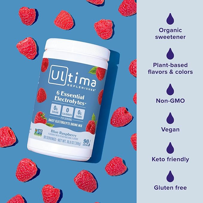 Ultima Replenisher Daily Electrolyte Drink Mix – Blue Raspberry, 90 Serving – Hydration Powder with 6 Key Electrolytes & Trace Minerals – Keto Friendly, Vegan, Non-GMO & Sugar-Free Electrolyte Powder