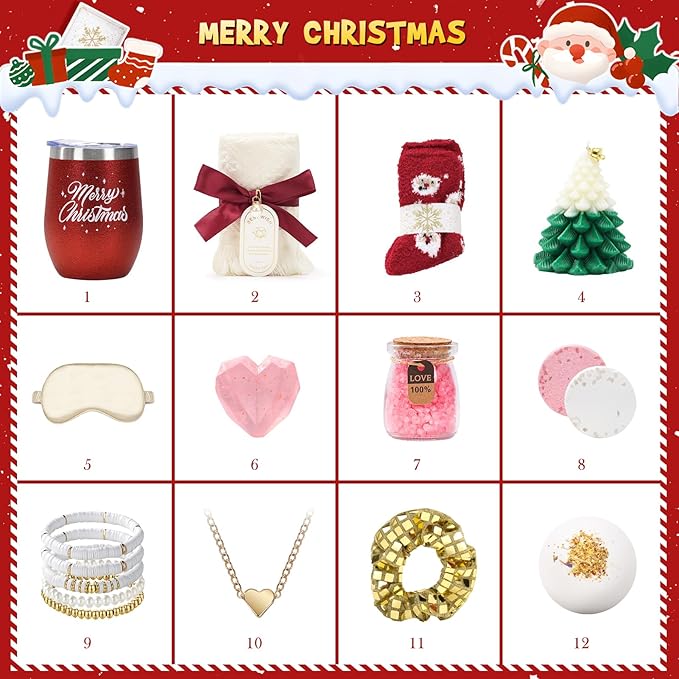 Advent Calendar 2025 Women-12 Days of Christmas Advent Calendars for Adult Women and Teen Girls, Luxury Spa Self Care Christmas Gifts Basket Countdown Calendar for Mom Wife Girlfriend Red