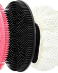 INNERNEED Food-Grade Silicone Body Scrubber Gentle Cleansing Brush with Exfoliating Net Sponge Bath Scrubbing Washcloth Case, More Hygienic and Well Lather (Black+Pink Set)