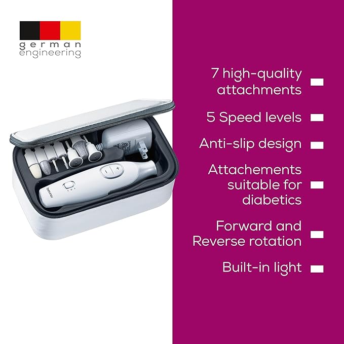 Beurer MP42 Nail Drill, 7-in-1 Nail Kit with Strong Sapphire Nail Drill Bits, Electric Nail File and Nail Buffer Includes Bright LED Light, Pedicure Kit and Manicure Set with Storage Case