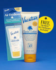 Vacation Classic Sunscreen Lotion SPF 50 & Air Freshener Bundle, Water-Resistant, Lightweight, Transparent on All Skin Tones, Dermatologist-Tested, Vegan, Travel Size, 3.4 Fl. Oz.