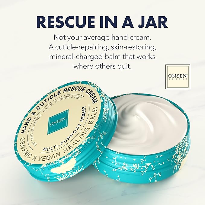 Onsen Hand & Cuticle Rescue Cream | Organic Nail Strengthener & Balm | Dry, Cracked Hands, Elbows & Feet | Shea Butter, Tsubaki & Jojoba Oil | Nail Repair & Growth, Vegan - 2 Pack (0.88 oz)