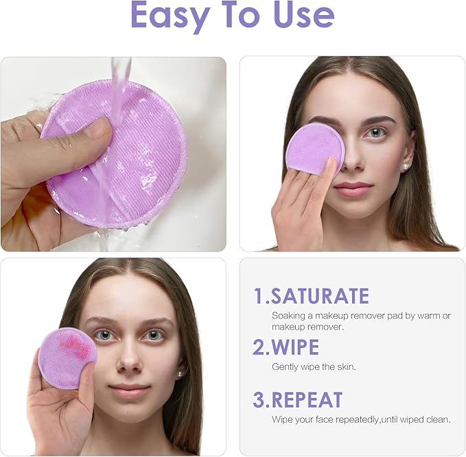SUNLAND Reusable Makeup Remover Pads for Face,Eye,Lips 16 Pack Microfiber Face Cleansing Gloves Washable with Laundry Bag and Travel Bag Rounds Toner Pads（Round 3.15inchx16 Purple）