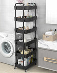 Sywhitta 6-Tier Plastic Rolling Utility Cart with Handle, Multi-Functional Storage Trolley for Office, Living Room, Kitchen, Movable Storage Organizer with Wheels, Black