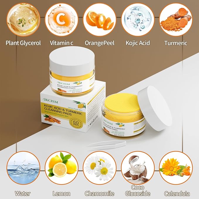 Turmeric Kojic Acid Cleansing Pads, Turmeric Face Scrub Pads Enriched with Kojic Acid and Turmeric, for Travel and Daily Use - 60PCS