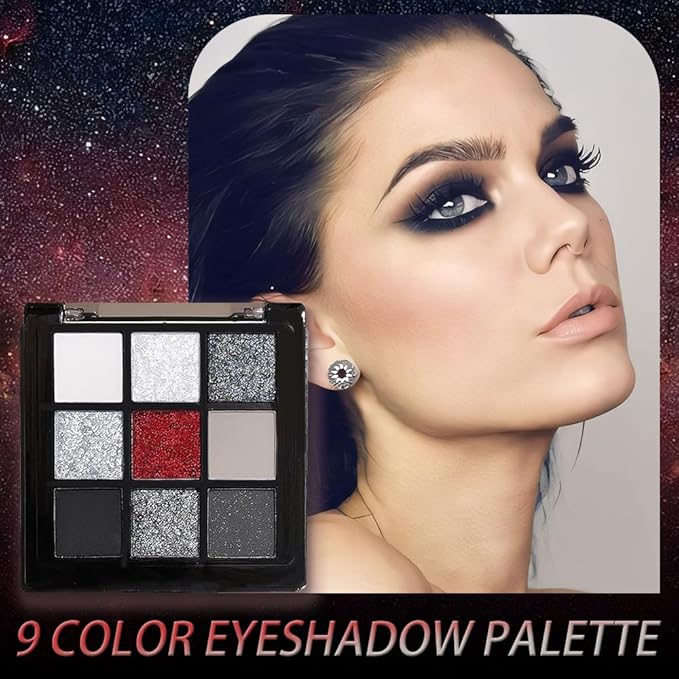 Smokey Black Red Eyeshadow Palette,9 Colors Dark Shimmer Matte Metallic Makeup Pallet,Pigmented Make Up Kit for Halloween Parties Christmas Joker Vampire Clown,Long Lasting Waterproof