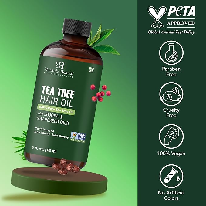 Botanic Hearth 100% Pure Tea Tree Oil For Hair Growth | Infused with Jojoba & Grapeseed Oils | Hair Oil Repairs Dry Damaged Hair, Strengthening, Healthier - Hair Tonic, 2.0 fl oz