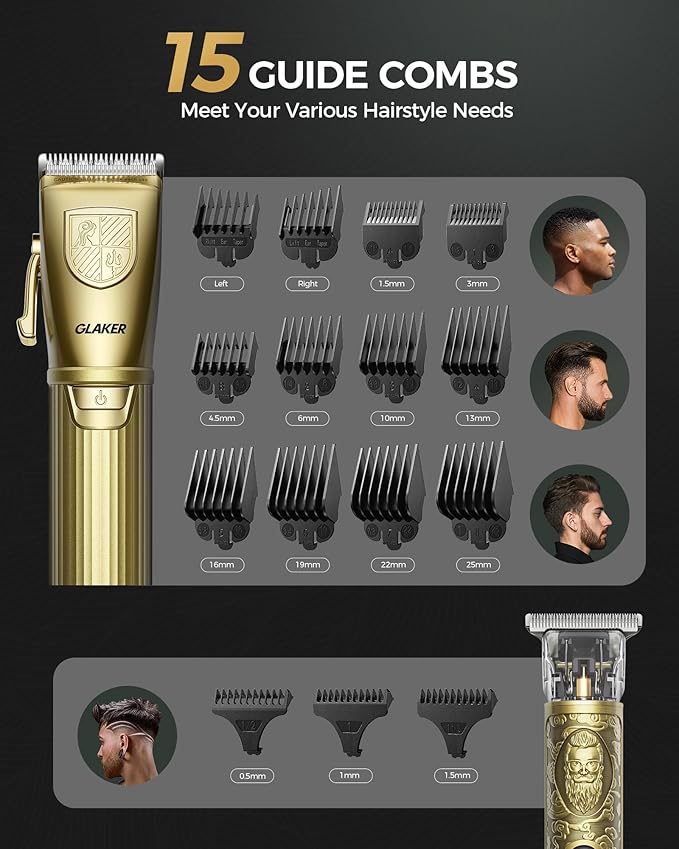 GLAKER Hair Clippers for Men,Professional Mens Hair Clippers Cordless Clippers for Hair Cutting, Hair Clippers and Hair Trimmer Kit Zero Gap Trimmer with LED Display 15 Guide Combs