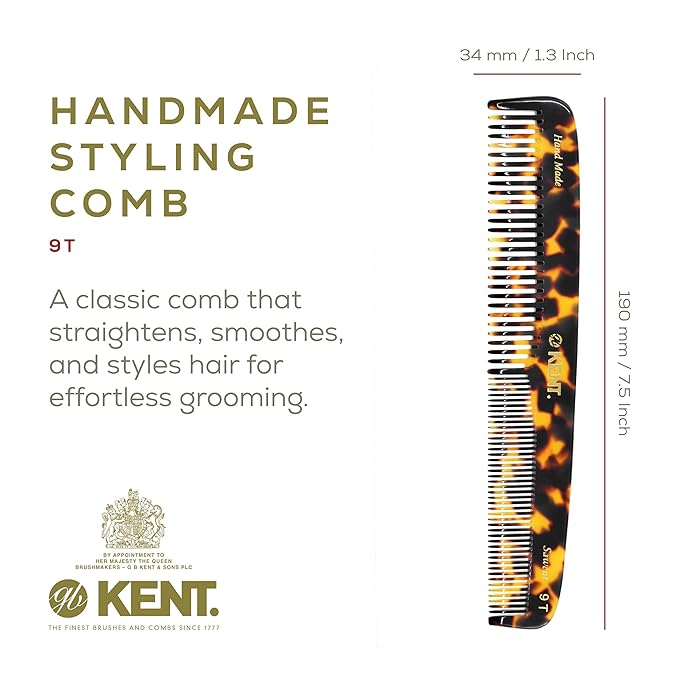 Kent 9T Fine Tooth and Wide Tooth Comb Detangler Hair Combs - Large Handmade and Saw-Cut Dressing Combs - Wet Hair Comb for Women, Durable Grooming Comb for Men, Made in England (Yellow Tokyo)