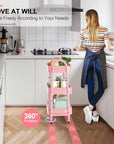 EAGMAK 3 Tier Utility Rolling Cart, Metal Storage Cart with Handle and Lockable Wheels, Multifunctional Storage Organizer Trolley with Mesh Baskets for Kitchen, Living Room, Office, Garage (Pink)