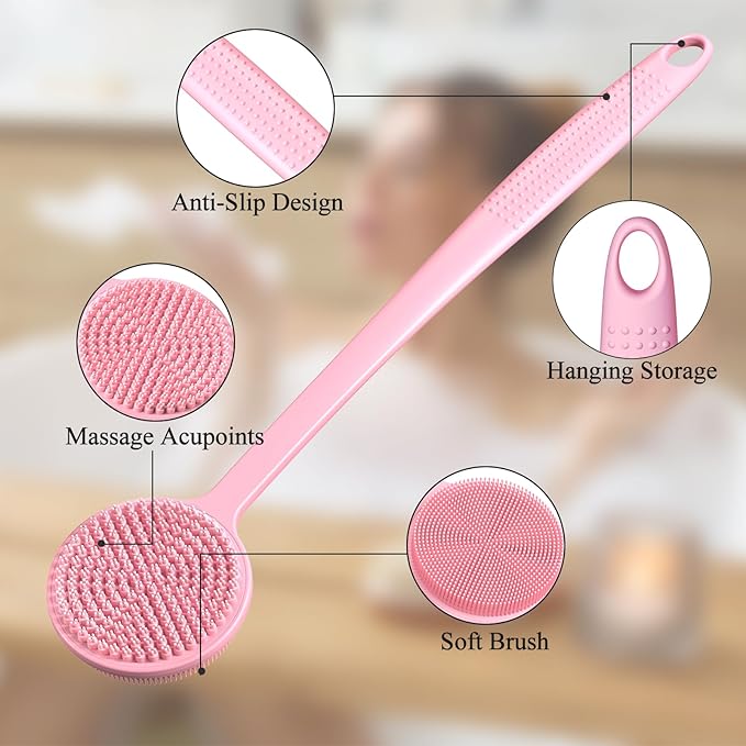 VWMYQ Silicone Back Scrubber for Shower, 17in Lengthen Long Handle Body Brush, Double Sided Shower Brush for Shower Exfoliating and Massage Can Produce Rich Foam, Long Handle Back Scrubber for Men