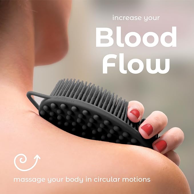 MainBasics Silicone Body Scrubber – Dual-Sided Shower Scrubber with Massage Nodes, Silicone Loofah Alternative for Deep Clean (Black, Massage)