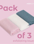 MainBasics Exfoliating Shower Towel - Japanese Nylon Bath Towel and Body Washcloth, Quick-Dry, Durable, Deep Exfoliation (Set of 3, Airy Blossom)