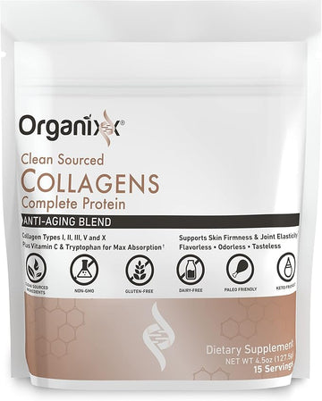 Organixx Collagen Peptides Powder with Vitamin C, Types I, II, III, V, X Hydrolyzed Collagen, Hair, Nail, Skin, Bone & Joint Health, Aging Support, Clean Sourced, Gluten Free, Unflavored, 15 Servings