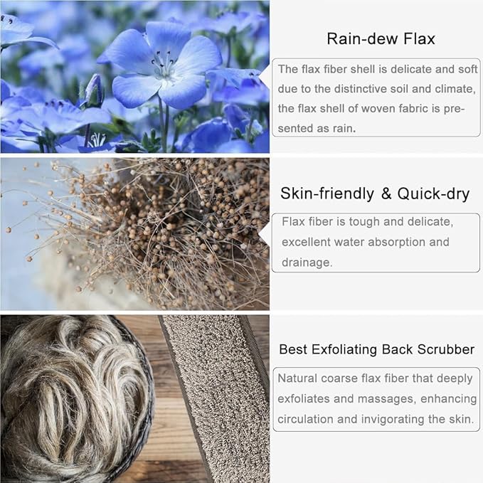 Loofah Back Scrubber for Shower for Men/Women, Natural Soft Flax Back Scrub Washer, Extra Long Back Exfoliator Cleaner for Shower Acne, Dual-Sided Bath Exfoliating Scrubber, Deep Clean&Invigorate Skin