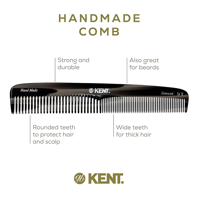 Kent 9T Black Graphite Fine Tooth and Wide Tooth Detangler Comb - Large Handmade Dressing Comb for Wet Hair and Durable Grooming, Hand Polished, Saw-Cut Made in England