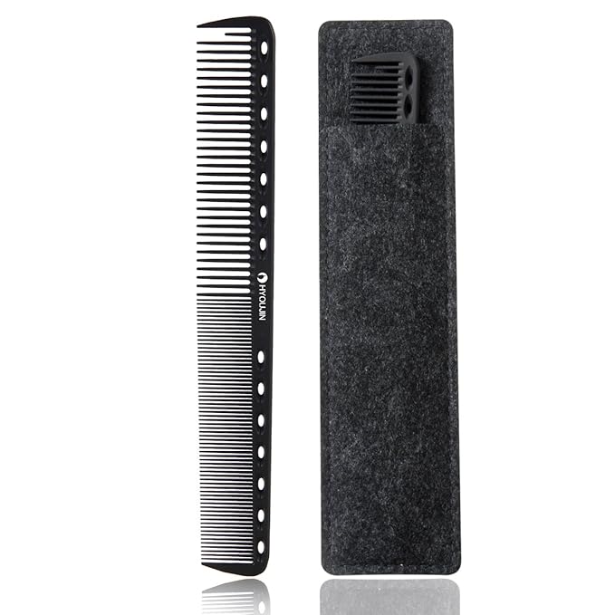 HYOUJIN 605 Black Carbon Fine Cutting Comb 230℃ Heat Resistant Hairdressing Comb Master Barber Combs with fine tooth-14 holes for cutting and hairstyling