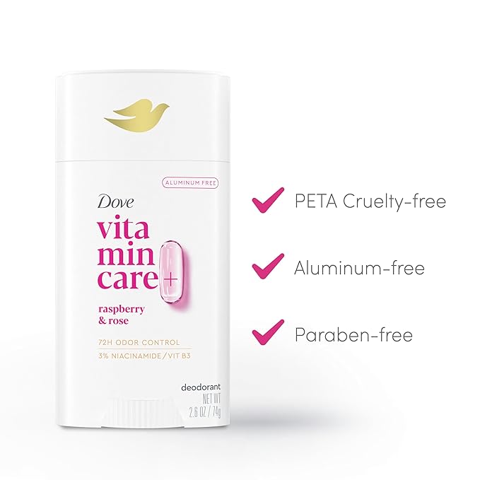 Dove VitaminCare+ Aluminum Free Deodorant Stick for 72H Odor Protection Raspberry & Rose Breathable Deodorant for Women 2.6 oz