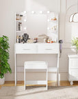 ‌FDW Vanity Desk with Mirror and Lights, 2-Drawer Makeup Vanity Desk with 3 Adjustable Light Colors, 6 Shelves and Power Outlets for Bedroom, White