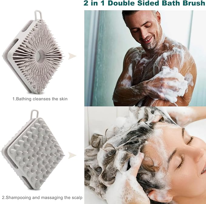 Silicone Body Scrubber, Silicone Loofah Double-Sided Body Brush,Silicone Shower Scrubber and Scalp Massager Shampoo Brush for Sensitive Kids Women Men All Kinds of Skin (Cool Gray)
