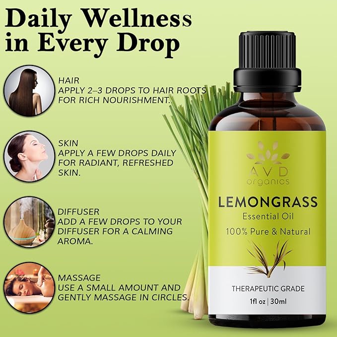 Lemongrass Essential Oil | 100% Pure and Natural USDA Organic Lemon Grass Oil | for Aromatherapy Skin Home Diffusers Carrier | 3.38 fl. Oz