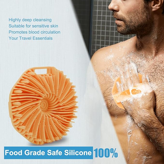 Silicone Body Scrubber，Exfoliating Body Scrubbers for use in Shower,Silicone Body Brush for Showering and Anti-Slippery Handles for All Skin Types(Orange)