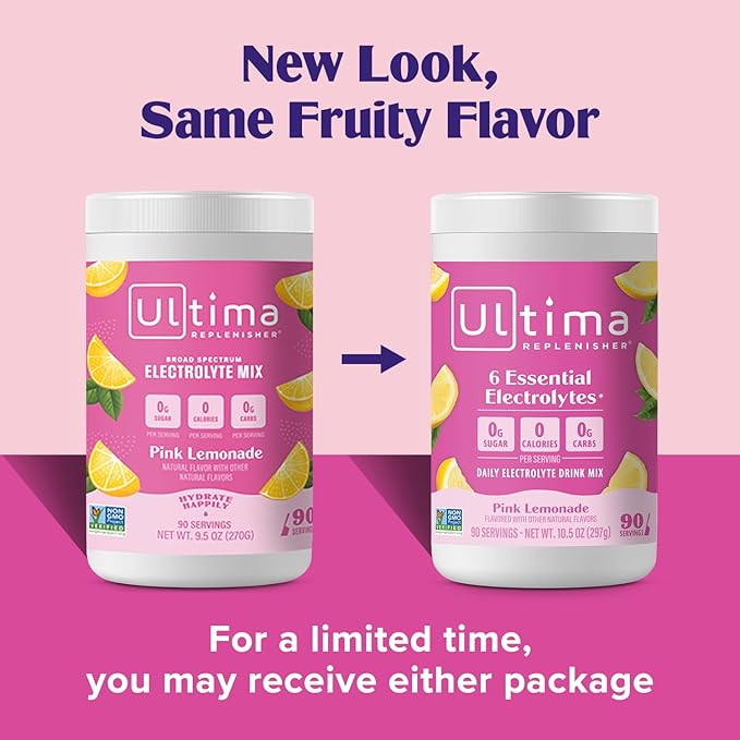 Ultima Replenisher Daily Electrolyte Drink Mix – Pink Lemonade, 90 Serving – Hydration Powder with 6 Key Electrolytes & Trace Minerals – Keto Friendly, Vegan, Non-GMO & Sugar-Free Electrolyte Powder