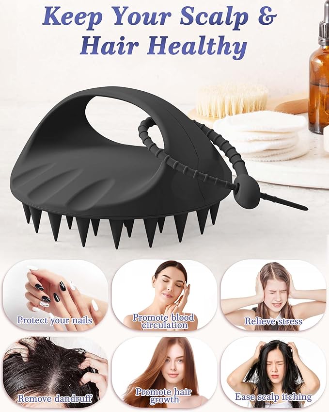Manmihealth Silicone Hair Scalp Massager & Soft Bath Glove Set 2 PCS, Extra-large Shampoo Scalp Brush with Body & Face Scrubber for All Hair Skin Types with a Free Silicone Strap&Hook Style 2(Black*2)