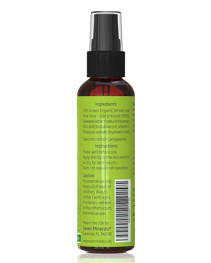 Seven Minerals, Travel Size Organic Aloe Vera Gel from freshly cut 100% Pure Aloe - 2 Fl Oz - HighestQuality, Texas grown, Vegan, Unscented - For Face, Skin, Hair, Sunburn relief (2 Fl Oz)