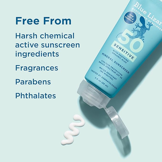 Blue Lizard SENSITIVE Mineral Sunscreen with Zinc Oxide, SPF 50+, Water Resistant, UVA/UVB Protection with Smart Cap Technology - Fragrance Free, 3 oz. Tube