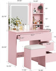 Garvee Makeup Vanity Desk with Lighted Mirror, Dressing Table Set with 4 Drawers, Power Outlet, Storage Stool, Storage Shelves, Vanity Mirror 3 Lighting Color Adjustable, Vanity Set for Bedroom, Pink