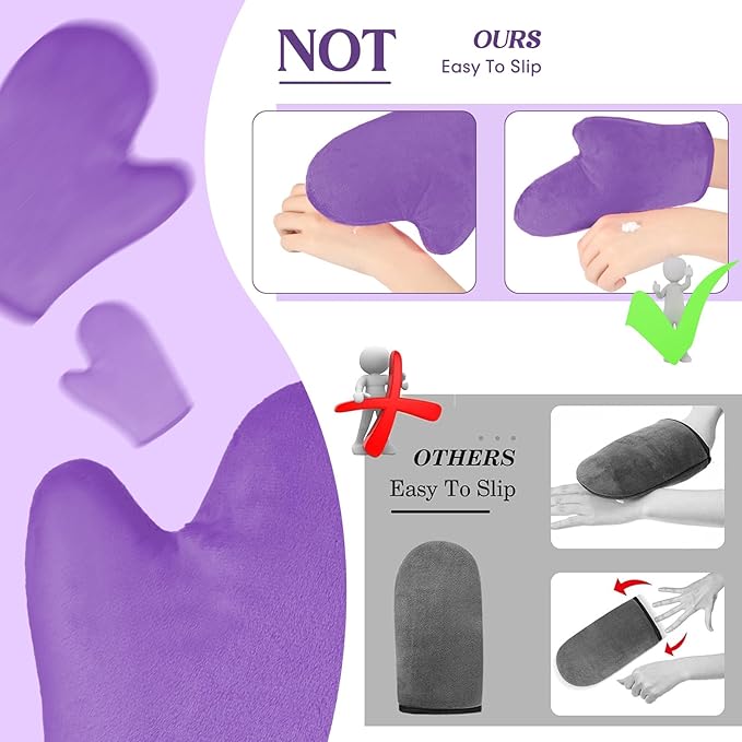 SATINIOR 4 Packs Self Tanning Mitt Applicators Double Sided Sunless Tanning Mittens Reusable Applicator Mittens Tanner Gloves with Thumb(Purple)