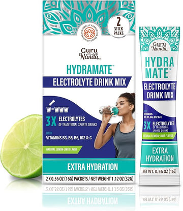 GuruNanda Hydramate Hydration Support Drink Mix - Electrolyte Powder Packets for Dehydration, Exercise & Energy - No Added Sweeteners, Non-GMO, Natural Lemon Lime Flavor - 2 Count (0.56 oz Each)