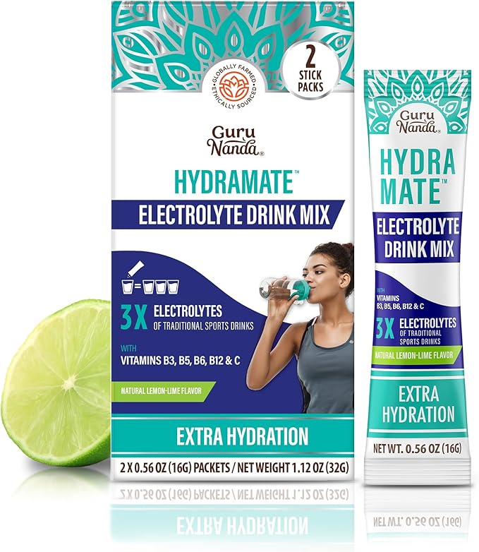 GuruNanda Hydramate Hydration Support Drink Mix - Electrolyte Powder Packets for Dehydration, Exercise & Energy - No Added Sweeteners, Non-GMO, Natural Lemon Lime Flavor - 2 Count (0.56 oz Each)
