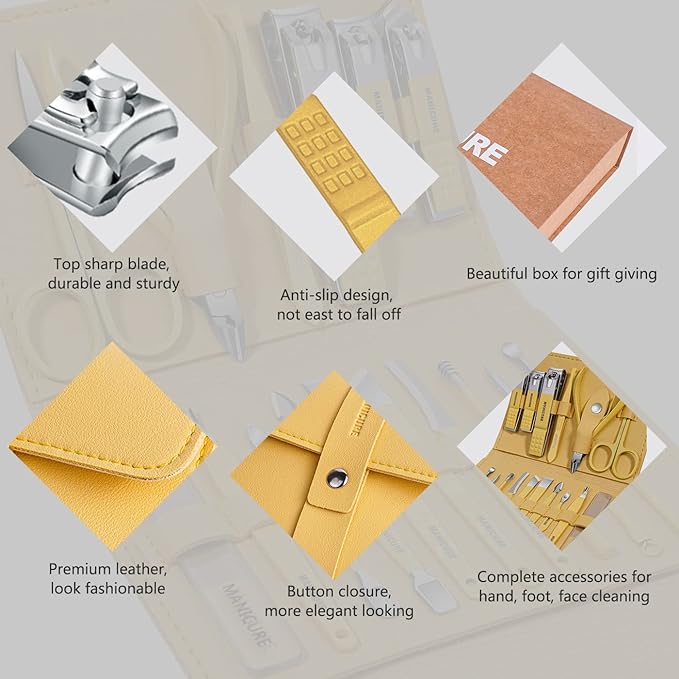 Manicure Set Professional Nail Clippers Pedicure Kit, 16 pcs Stainless Steel Nail Care Tools Grooming Kit with Luxurious Travel Leather Case for Thick Nails Men Women Gift (Yellow)