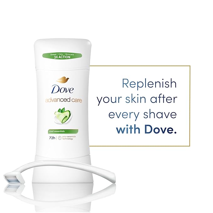 Dove Advanced Care Anti Deo Stick Cool Essentials Pack of 12 for helping your skin barrier repair after shaving 72 h odor control and all-day sweat protection with Pro Ceramide Technology 2.6 oz