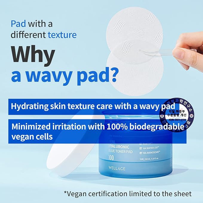 WELLAGE Real Hyaluronic Blue Toner Pad – Korean Toner Pads for Calming & Moisturizing with Hyaluronic Acid - Exfoliating Pads for Skin Smooth, K-Beauty Skincare, 70 Sheets