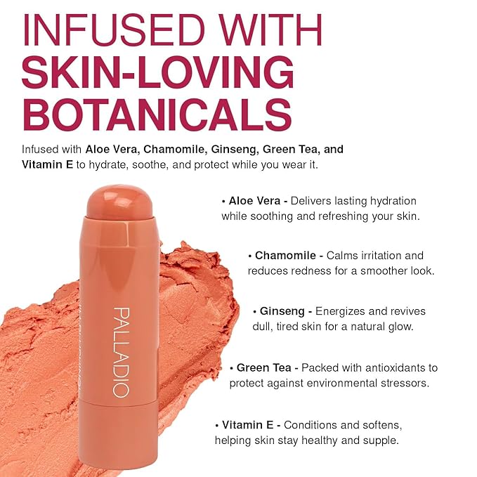 Palladio I'm Blushing 2-in-1 Cheek and Lip Tint, Buildable Lightweight Cream Blush, Sheer Multi Stick Hydrating formula, All day wear, Easy Application, Shimmery, Blends Perfectly onto Skin, Peach