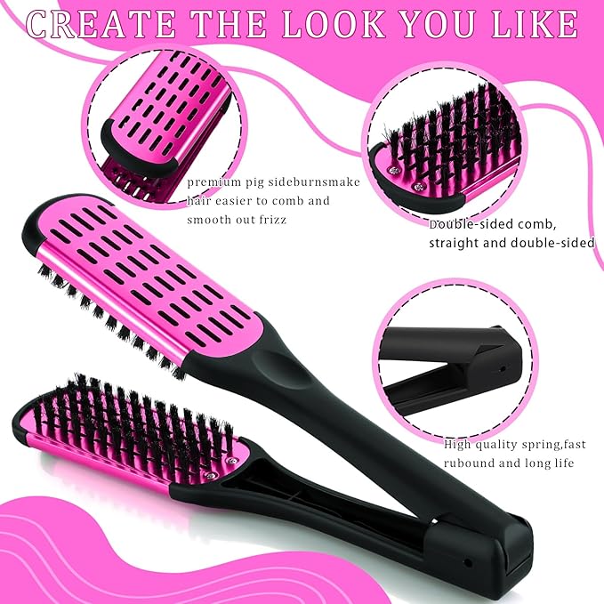 Chengu Hair Brush, Boar Bristles Clamp Double Sided Brush & V Shaped Styling Hair Comb, Straightening Knotty Unkempt Hair (Rose Red, Pink)