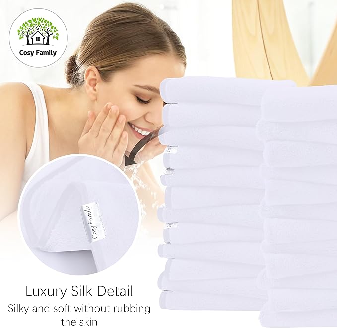Cosy Family 24 Pack Soft Washcloths Set - 12 x 12 inches, Quick Drying - Highly Absorbent Coral Velvet Fingertip Towel Bathroom Wash Clothes for Bath, Spa, Facial, Kitchen - White
