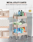 EAGMAK 3 Tier Utility Rolling Cart, Metal Storage Cart with Handle and Lockable Wheels, Multifunctional Storage Organizer Trolley with Mesh Baskets for Kitchen, Living Room, Office, Garage (Beige)