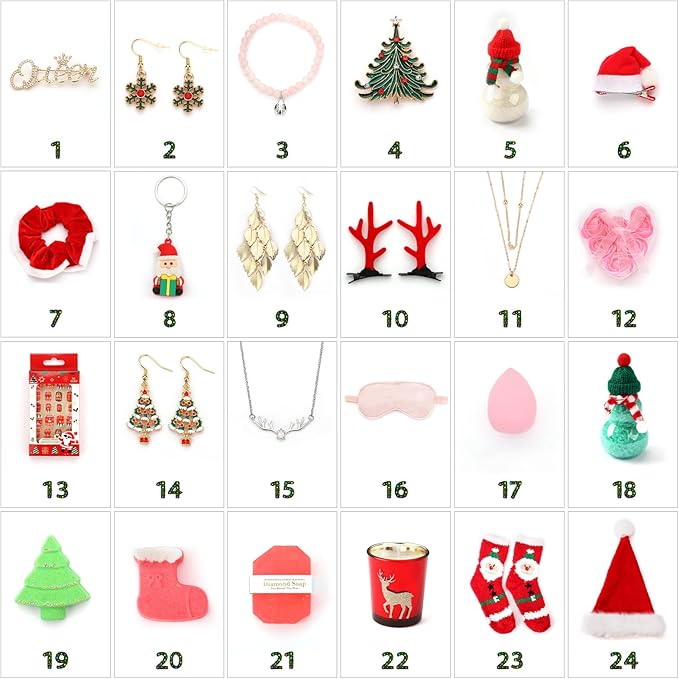 Advent Calendar 2025 for Adult Women, Christmas 24 Pieces Beauty Fashion and Jewelry Bath Sets Countdown Gifts, Christmas Surprise Gift Baskets for Women, Mom, Wife, Sister, Colleague, Adult