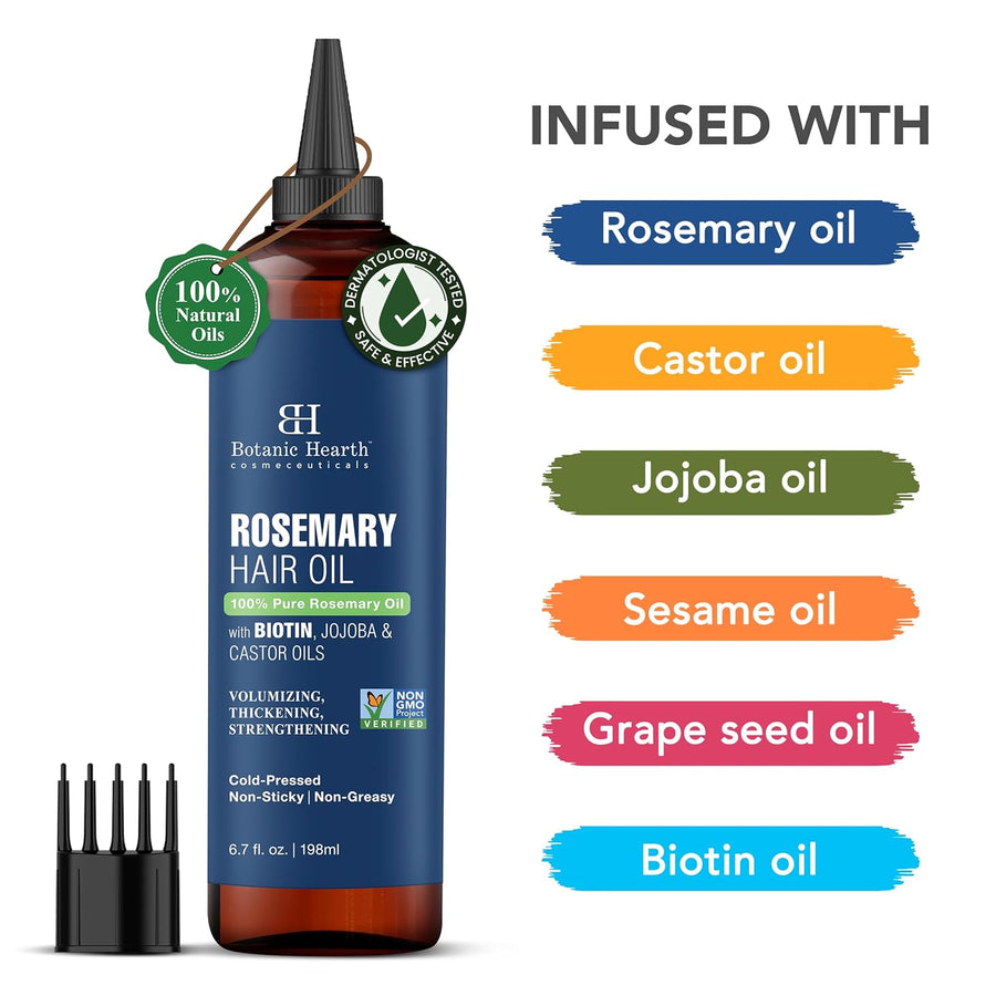 Botanic Hearth 100% Pure Rosemary Oil For Hair Growth (6.7 fl oz) Infused With Biotin, Jojoba & castor Oil | Nourishing & Volumizing | Non GMO Verified