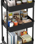 Sywhitta 3-Tier Plastic Rolling Utility Cart with Handle, Multi-Functional Storage Trolley for Office, Living Room, Kitchen, Movable Storage Organizer with Wheels, Black