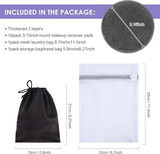 SUNLAND Reusable Makeup Remover Pads for Face,Eye,Lips 16 Pack Microfiber Face Cleansing Gloves Washable with Laundry Bag and Travel Bag Rounds Toner Pads (Round 3.15inchx16, Dark Grey)