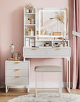 GarveeHome White Vanity Makeup Desk, Vanity Set with Mirror and 3-Mode Lights, 5 Drawers Vanity Table with Removable Side Storage Cabinet, Stool for Bedroom