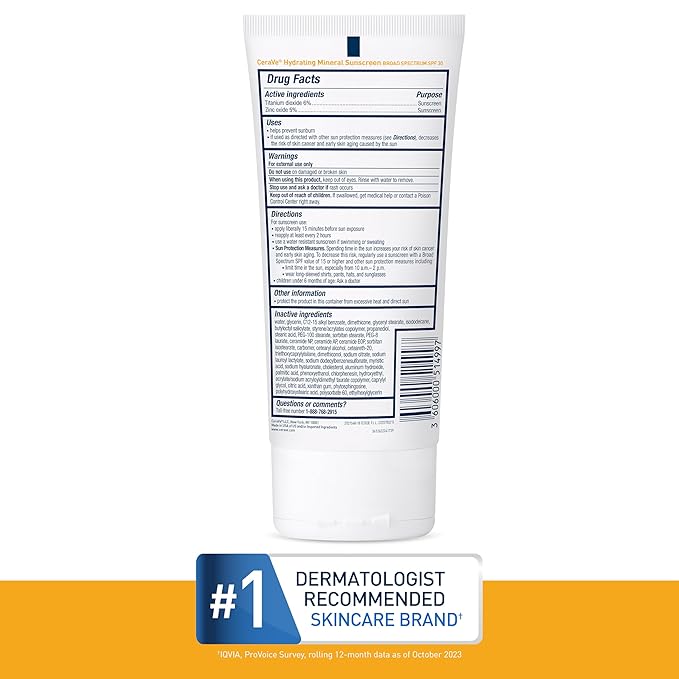 CeraVe 100% Mineral Sunscreen SPF 30 | Body Sunscreen with Zinc Oxide & Titanium Dioxide | Hyaluronic Acid & Ceramides | Oil Free | Non-Greasy | Hydrating Mineral Sunscreen For Body | 5 oz