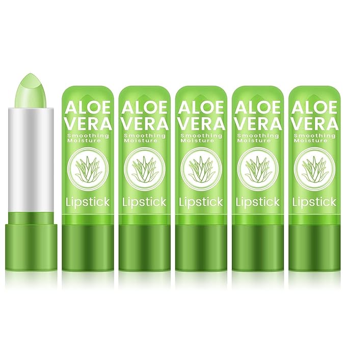 Ownest 5 Pcs Aloe Vera Lip Balm, PH Color Changing Lipstick, Change from Green to Natural Pink, Deep Hydrating Tinted Lip Balm, Daily Lip Moisturizer for Dry Cracked Lips, with Real Aloe Vera
